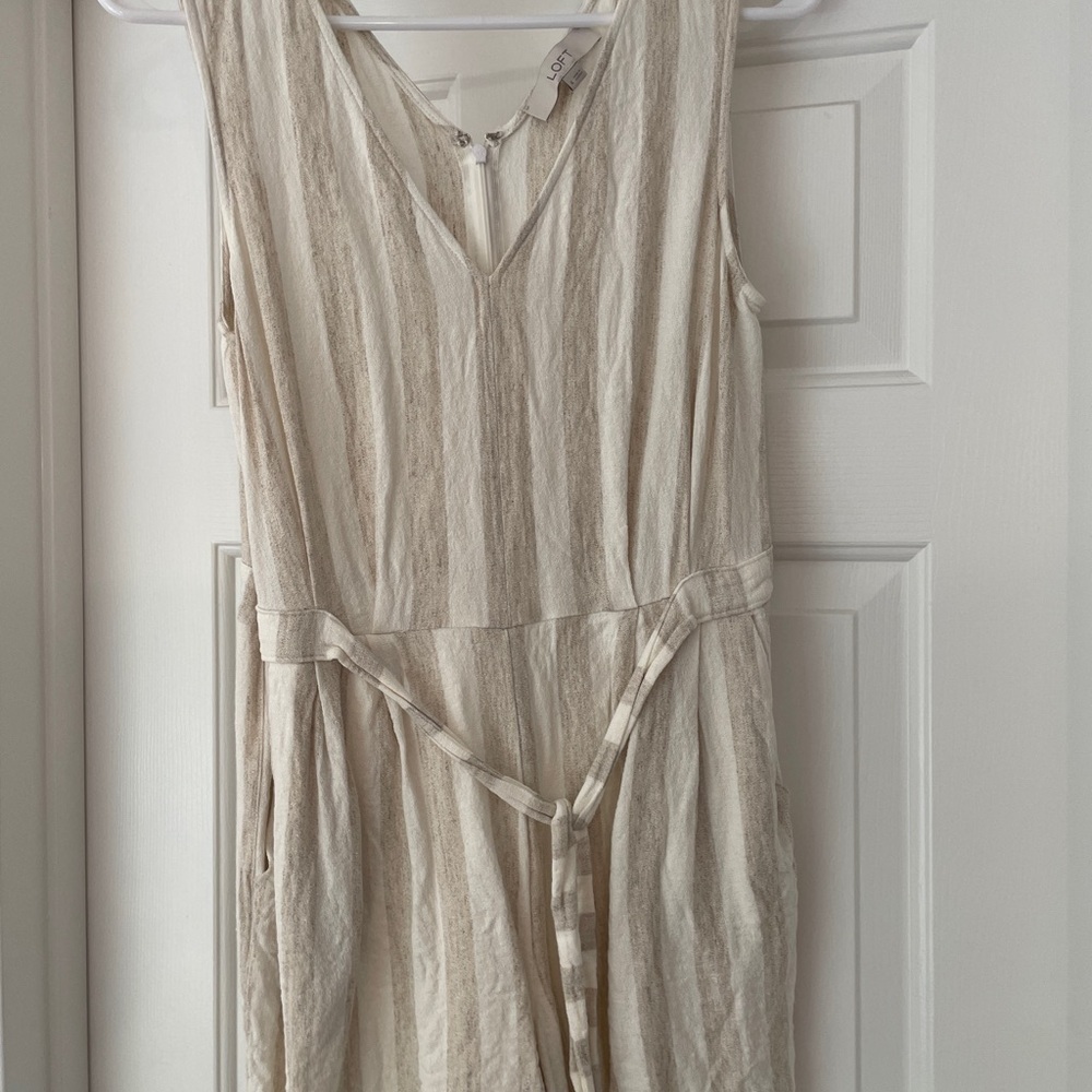 LOFT Cream Jumpsuit with V-Neck and Tie Belt